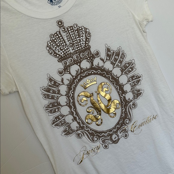 Vintage Juicy Couture White Tee with crystal bling crown & Gold Foil Emblem Y2k - Picture 3 of 17